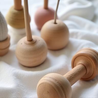 Un sonajero de madera y un móvil de cuna de fieltro.