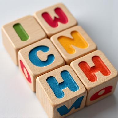 Bloques de madera con letras y números.