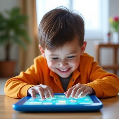Un niño jugando con una tableta de aprendizaje interactiva.