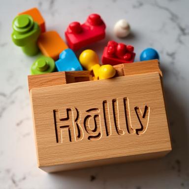 Una caja de juguetes de madera con un nombre grabado.