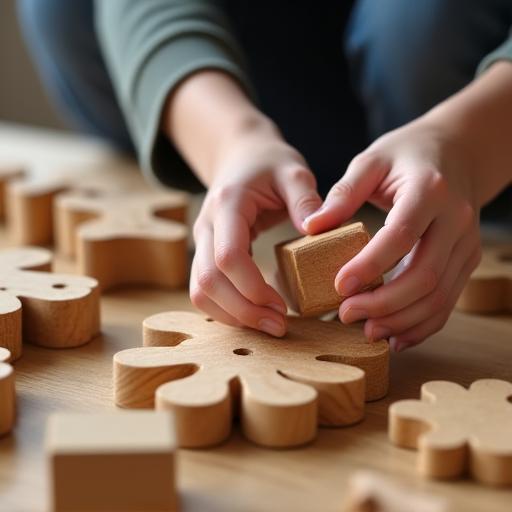 Primer plano de las manos de un niño montando un juguete de madera.