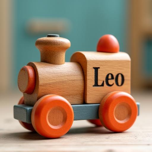 Un tren de juguete de madera con el nombre 'Leo' grabado en un vagón.