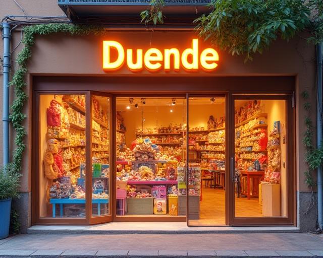 Fachada acogedora de la tienda Duende Juguetón con un escaparate lleno de juguetes.